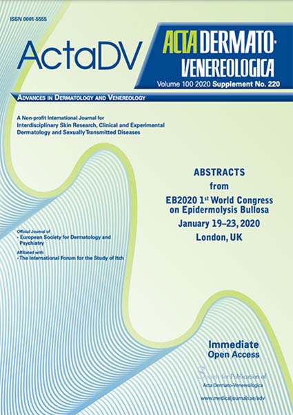 Capa do suplemento nº 220 volume 100 dos pôsteres científicos do congresso EB2020 de epidermólise bolhosa (EB) da DEBRA International e DEBRA do Reino Unido. ActaDV – ACTA DERMATOVENEREOLOGICA
