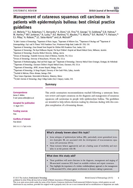Capa do Guia de Boas Práticas Clínicas (CPG) de epidermólise bolhosa (EB) “Management of cutaneous squamous cell carcinoma in patients with epidermolysis bullosa: best clinical practice guidelines” da DEBRA International