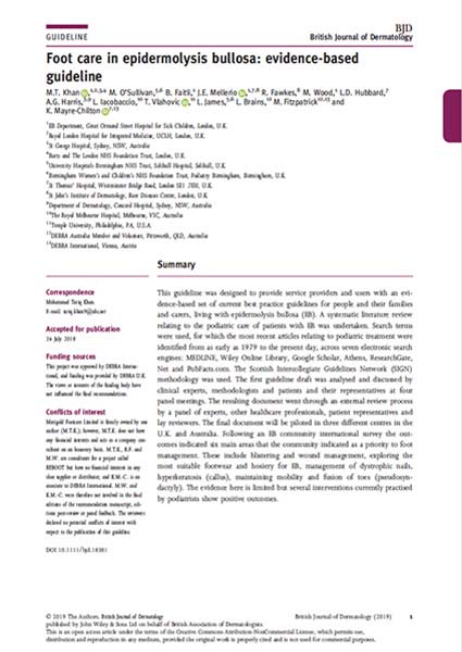 Capa do Guia de Boas Práticas Clínicas (CPG) de epidermólise bolhosa (EB) “Foot care in epidermolysis bullosa: evidence-based guideline” da DEBRA International