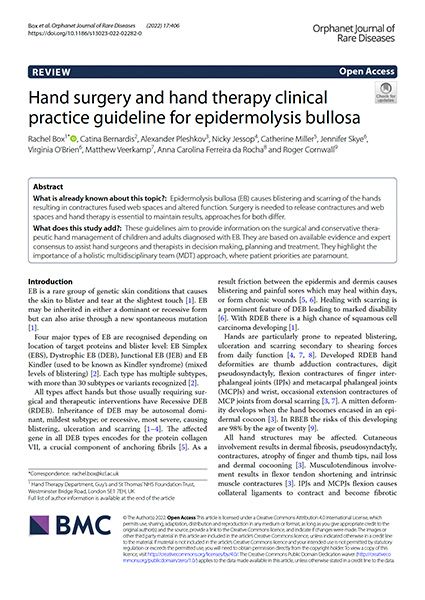 Capa do Guia de Boas Práticas Clínicas (CPG) de epidermólise bolhosa (EB) “Hand surgery and hand therapy clinical practice guideline for epidermolysis bullosa” da DEBRA International