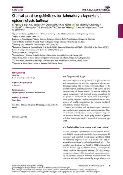 Capa do Guia de Boas Práticas Clínicas (CPG) de epidermólise bolhosa (EB) “Clinical practice guidelines for laboratory diagnosis of epidermolysis bullosa” da DEBRA International