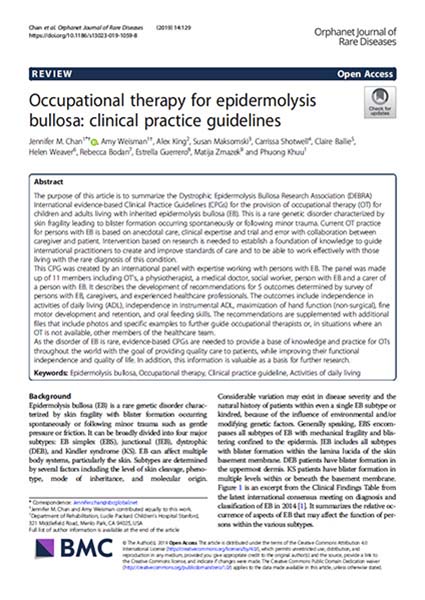 Capa do Guia de Boas Práticas Clínicas (CPG) de epidermólise bolhosa (EB) “Occupational therapy for epidermolysis bullosa: clinical practice guidelines” da DEBRA International
