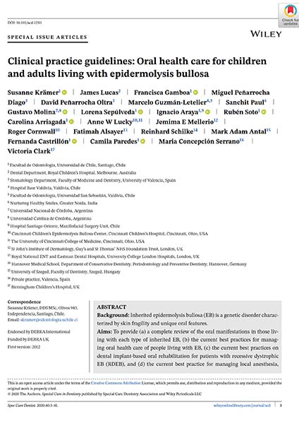 Capa do Guia de Boas Práticas Clínicas (CPG) de epidermólise bolhosa (EB) “Clinical practice guidelines: Oral health care for children and adults living with epidermolysis bullosa ” da DEBRA International. Versão revisada em 2020.