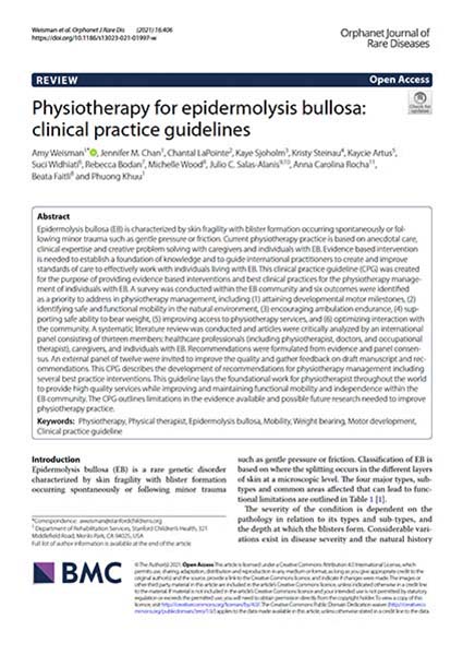 Capa do Guia de Boas Práticas Clínicas (CPG) de epidermólise bolhosa (EB) “Physiotherapy for epidermolysis bullosa: clinical practice guidelines” da DEBRA International