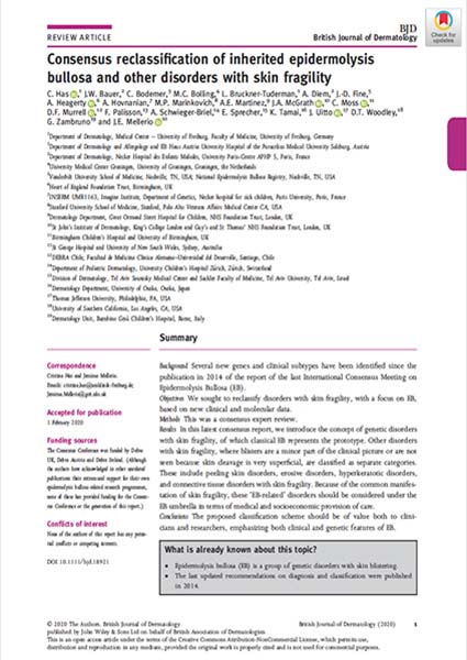 Capa do Guia de Boas Práticas Clínicas (CPG) de epidermólise bolhosa (EB) “Consensus reclassification of inherited epidermolysis bullosa and other disorders with skin fragility”