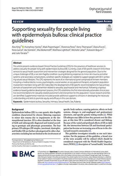 Capa do Guia de Boas Práticas Clínicas (CPG) de epidermólise bolhosa (EB) “Supporting sexuality for people living with epidermolysis bullosa: clinical practice guidelines” da DEBRA International