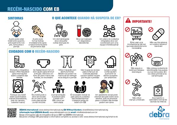 Capa do flyer de epidermólise bolhosa (EB) “Recém-nascido” da DEBRA International para fixar na caminha do bebê no hospital 