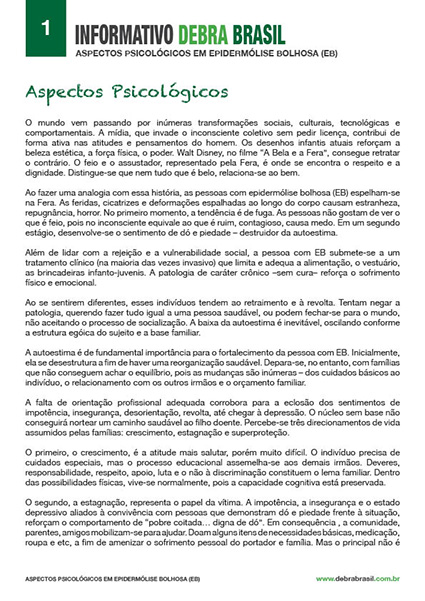 Capa do informativo de epidermólise bolhosa (EB) “Aspectos psicológicos em EB” da DEBRA Brasil