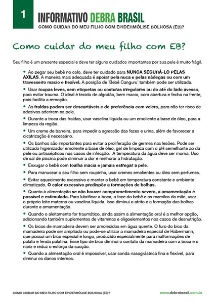 Capa do informativo de epidermólise bolhosa (EB) “Como cuidar do meu filho com EB” da DEBRA Brasil