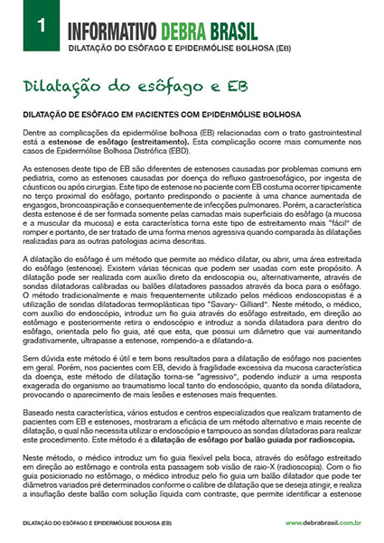 Capa do informativo de epidermólise bolhosa (EB) “Dilatação do esôfago e EB” da DEBRA Brasil