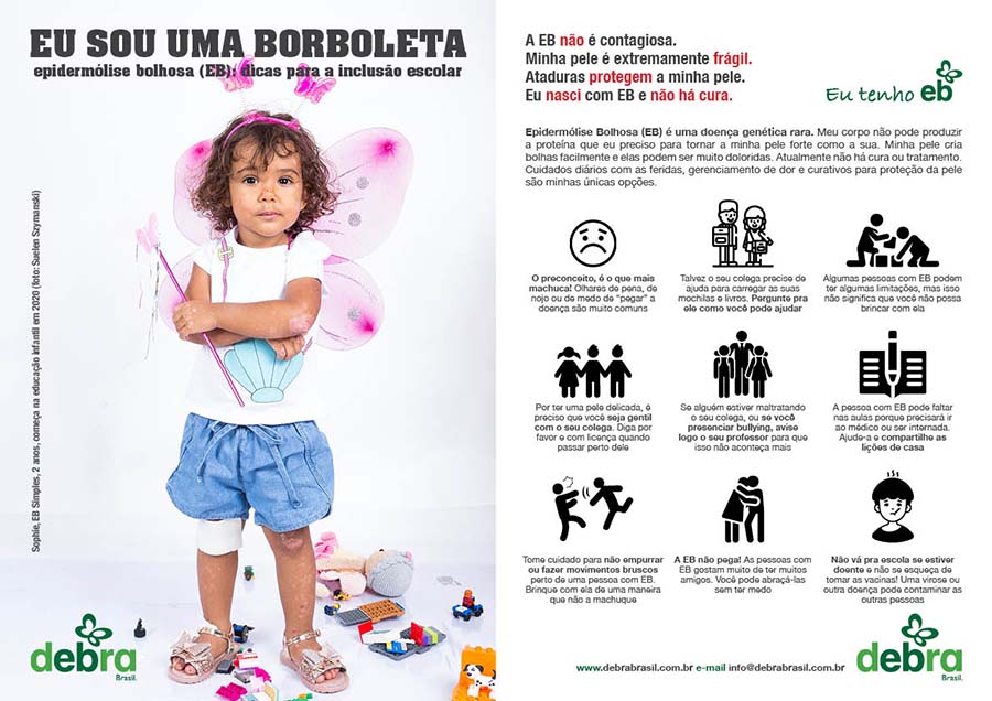 Flyer para divulgação da EB na escola. Metade do flyer tem a foto da Sophie, criança com epidermólise bolhosa simples (EB), vestida de fadinha cor de rosa 