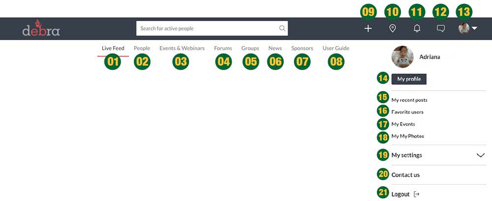Interface do site da plataforma do EB Connect, com números próximos de cada opção do menu