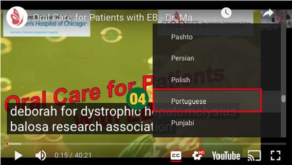 Printi da tela do vídeo, com o submenu “Portuguese” em destaque, com contorno em vermelho