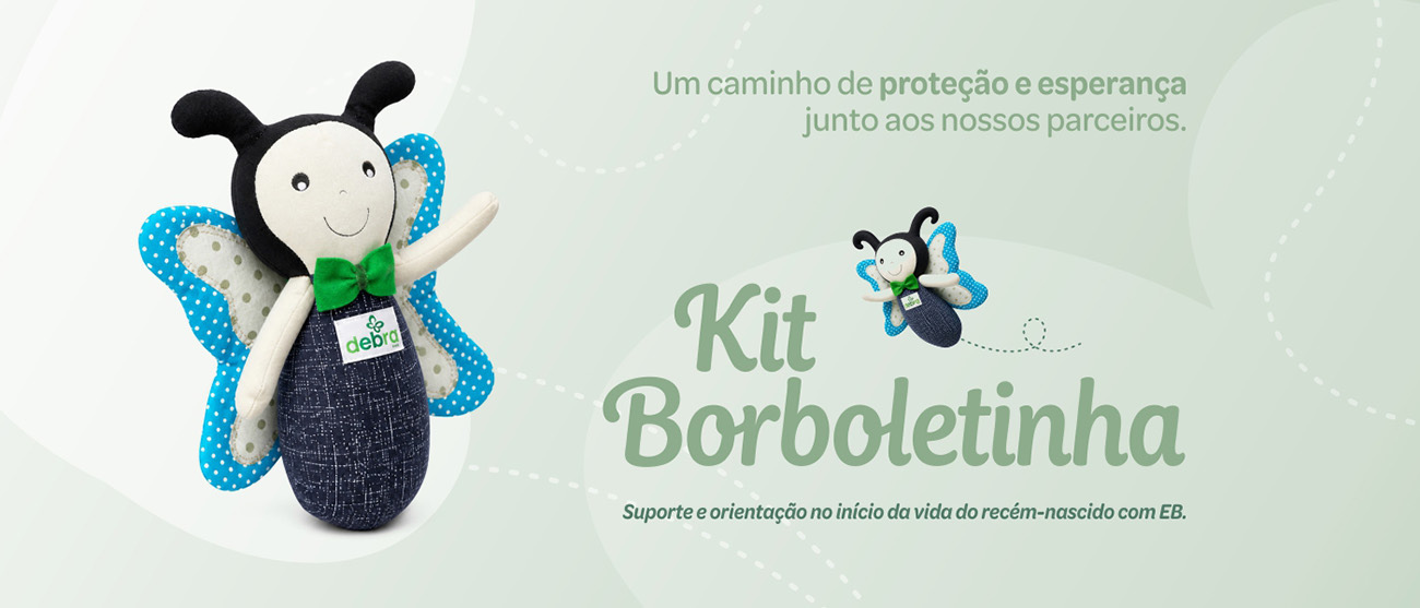 Banner do Kit Borboletinha da Debra Brasil, destacando a Debrinha, mascotinha do Kit.