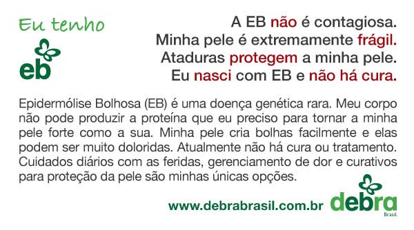 Cartão de EB no tamanho de um cartão de visitas que explica sobre a doença epidermólise bolhosa (EB)