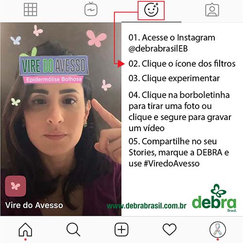 Banner da Dra. Rosalie Torrelio, voluntária da DEBRA Brasil e âncora do DEBRA Talks, sobre o filtro da campanha Vire do Avesso no Instagram.