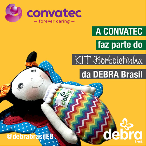 Banner com logo da Convatec, um dos patrocinadores do KIT Borboletinha, projeto de apoio ao recém-nascido com suspeita de epidermólise bolhosa (EB)