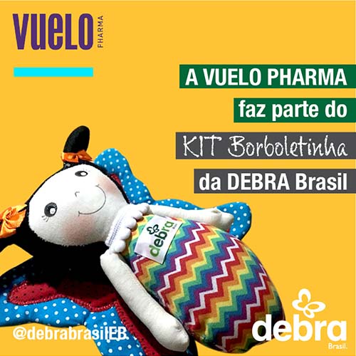 Banner com logo da VUELO PHARMA, um dos patrocinadores do KIT Borboletinha, projeto de apoio ao recém-nascido com suspeita de epidermólise bolhosa (EB)
