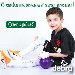 Banner de publicidade “Como ajudar?”. Foto do Felipe, criança com epidermólise bolhosa e o texto “O sonho em comum é o que nos une!” com o logo da DEBRA