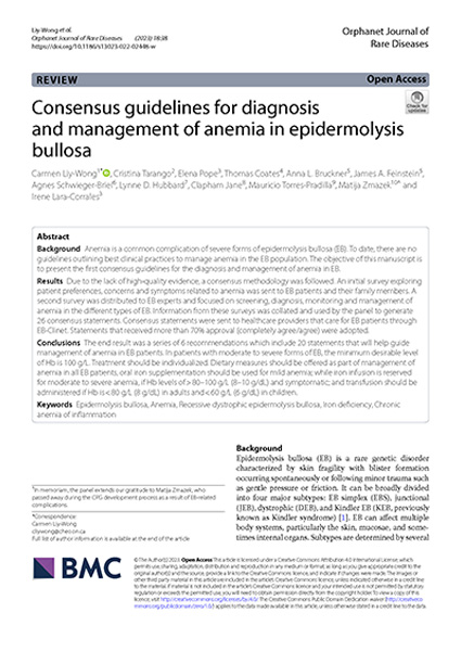 Capa do Guia de Boas Práticas Clínicas (CPG) de epidermólise bolhosa (EB) “Consensus guidelines for diagnosis and management of anemia in Epidermolysis bullosa” da DEBRA International