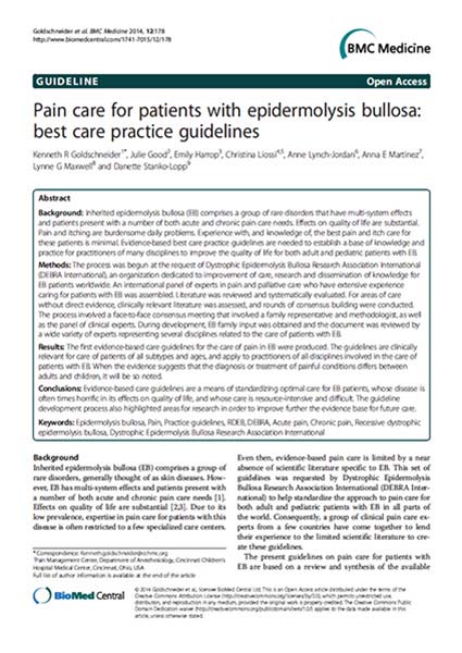 Capa do Guia de Boas Práticas Clínicas (CPG) de epidermólise bolhosa (EB) “Pain care for patients with epidermolysis bullosa: best care practice guidelines” da DEBRA International