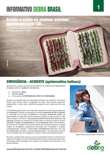 Capa do informativo “Emergência – acidente em EB (epidermólise bolhosa)” da DEBRA Brasil