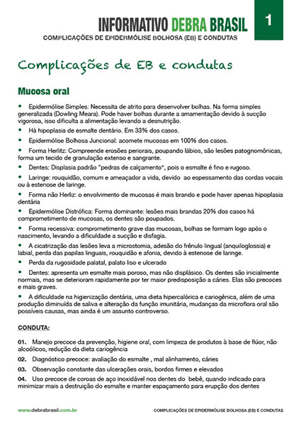 Capa do informativo de epidermólise bolhosa (EB) “Complicações de EB e condutas” da DEBRA Brasil