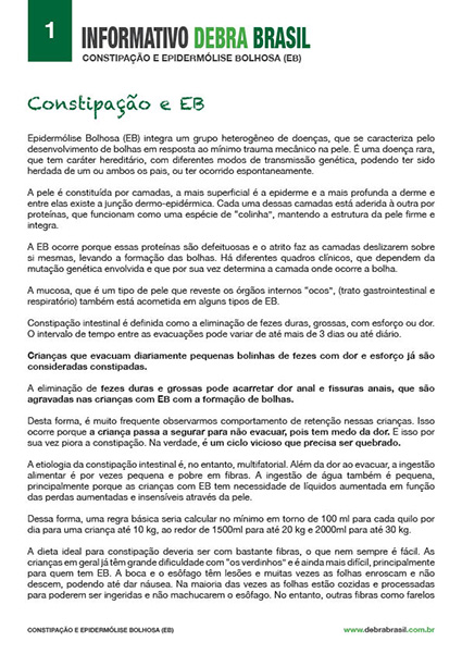 Capa do informativo de epidermólise bolhosa (EB) “Constipação em EB” da DEBRA Brasil