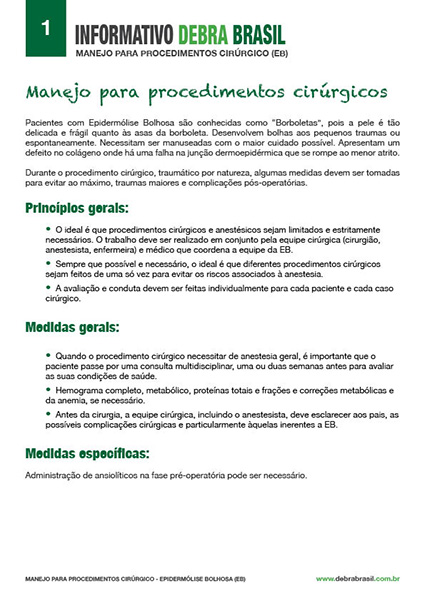Capa do informativo de epidermólise bolhosa (EB) “Manejo para procedimentos cirúrgicos” da DEBRA Brasil
