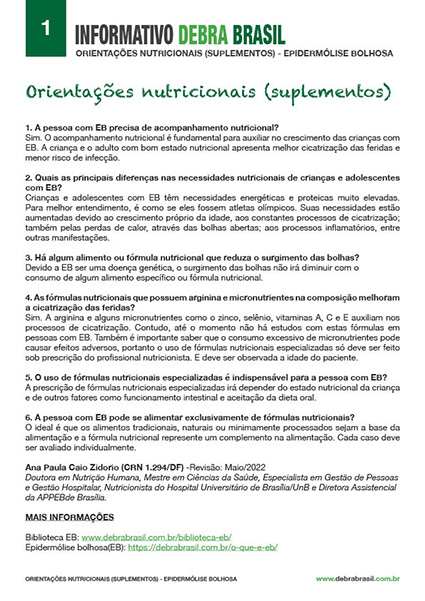 Capa do informativo de epidermólise bolhosa (EB) “Orientações nutricionais suplementos” da DEBRA Brasil