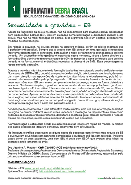 Capa do informativo de epidermólise bolhosa (EB) “Sexualidade e gravidez em EB” da DEBRA Brasil