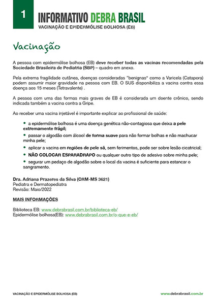 Capa do informativo de epidermólise bolhosa (EB) “Vacinação em EB” da DEBRA Brasil