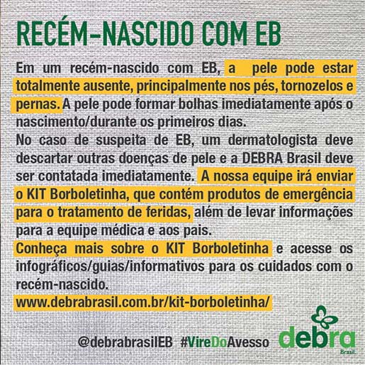 Um dos 7 banners que a DEBRA Brasil criou para a conscientização da epidermólise bolhosa durante a semana EB. O tema abordado é sobre “Recém-nascido com EB”