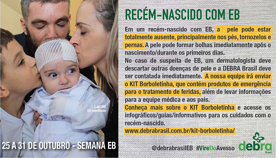 Um dos 7 banners que a DEBRA Brasil criou para a conscientização da epidermólise bolhosa durante a semana EB. Lucas, bebê com EB indefinida, está sendo beijado pelos pais e pelo irmão. O tema abordado é sobre “Recém-nascido com EB”