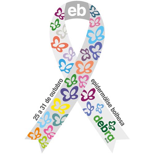 Laço da conscientização da epidermólise bolhosa representado por várias “borboletas” coloridas, que parecem com a palavra “EB”. O símbolo faz parte da logo da DEBRA.