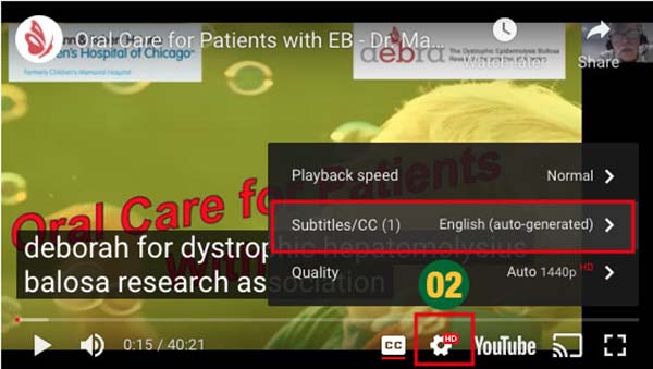 Printi da tela do vídeo, com o submenu “Subtitles/CC (1) English (auto-generated)>” em destaque, com contorno em vermelho