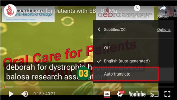 Printi da tela do vídeo, com o submenu “Auto-translate” em destaque, com contorno em vermelho