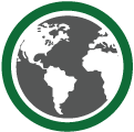Círculo cinza escuro e contorno verde com a ilustração do mapa mundi. O ícone representa a DEBRA International, associação de epidermólise bolhosa (EB)