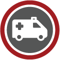 Círculo cinza escuro e contorno vermelho com a ilustração de uma ambulância. O ícone representa emergência em casos de epidermólise bolhosa (EB)