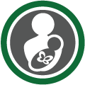 Círculo cinza escuro e contorno verde com a ilustração de uma mãe segurando um bebê com uma borboleta no peito. O ícone representa recém-nascido com epidermólise bolhosa (EB)