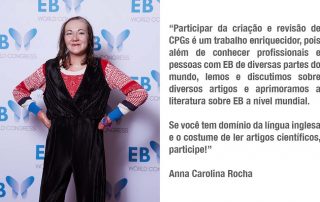 Banner com a foto da Anna Carolina do lado esquerdo, no congresso EB2020. Ao lado direito, um trecho de sua opinião sobre a experiência em participar da criação de um CPG.