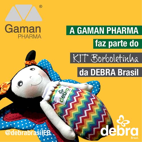 Banner com logo da Gaman PHARMA, um dos patrocinadores do KIT Borboletinha, projeto de apoio ao recém-nascido com suspeita de epidermólise bolhosa (EB)