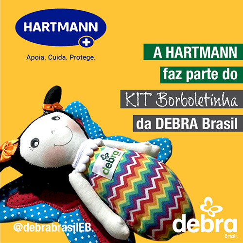 Banner com logo da Hartmann, um dos patrocinadores do KIT Borboletinha, projeto de apoio ao recém-nascido com suspeita de epidermólise bolhosa (EB)
