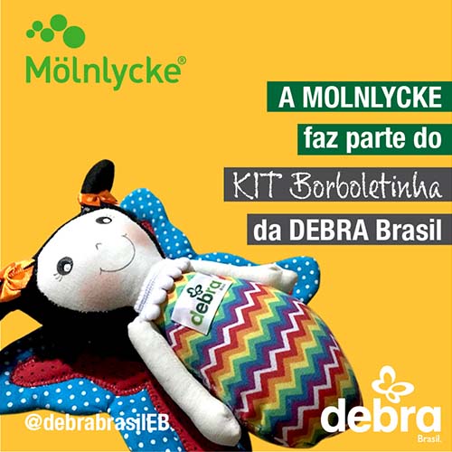 Banner com logo da Mölnlycke, um dos patrocinadores do KIT Borboletinha, projeto de apoio ao recém-nascido com suspeita de epidermólise bolhosa (EB)