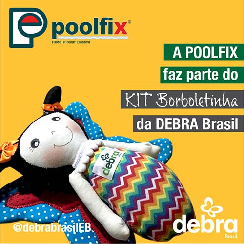 Banner com logo da Poolfix, um dos patrocinadores do KIT Borboletinha, projeto de apoio ao recém-nascido com suspeita de epidermólise bolhosa (EB)