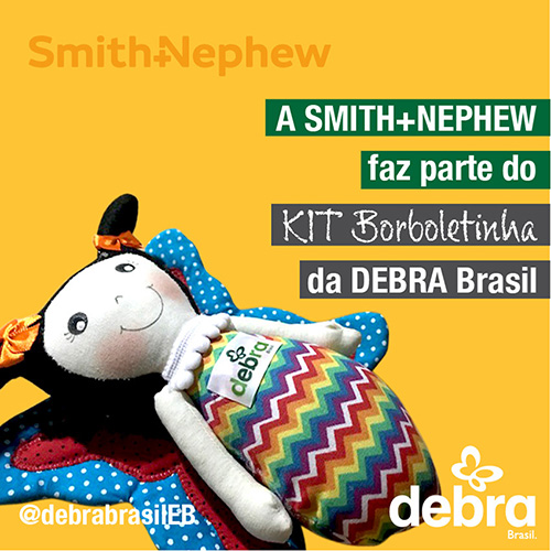 Banner com logo da Smith and Nephew, um dos patrocinadores do KIT Borboletinha, projeto de apoio ao recém-nascido com suspeita de epidermólise bolhosa (EB)